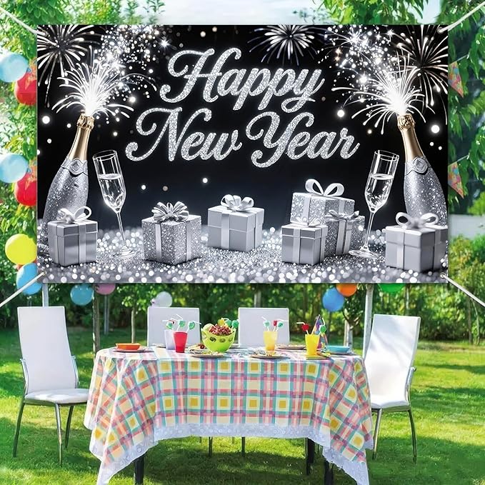 Happy New Year Banner 71x43 Inch Silver Champagne Party Wall Decoration Fireworks Photo Backdrop for Indoor Countdown Celebration Holiday Event and Home Background Display