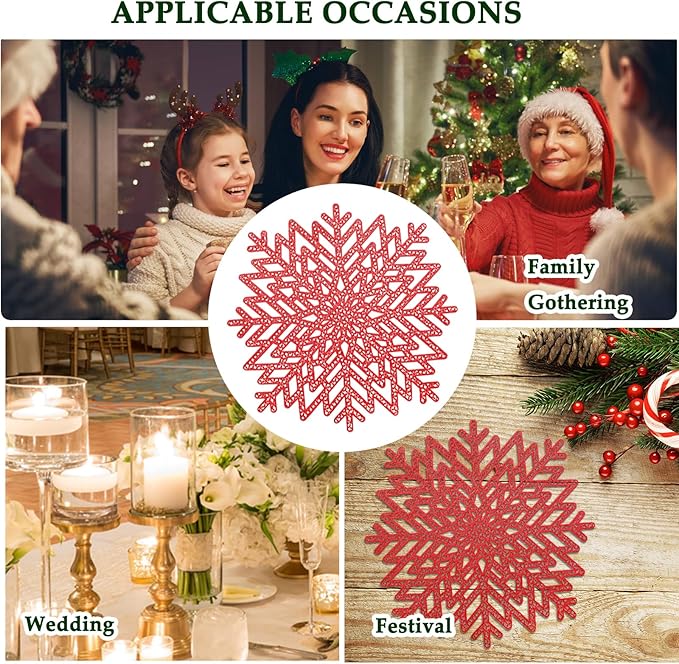 Snowflake Placemats Set of 6, Washable Christmas Placemats Snowflake Tablemats Hollow Out Round Vinyl Place Mats for Dining Table Setting Kitchen Table Mats Christmas Decoration(Red Snowflake)