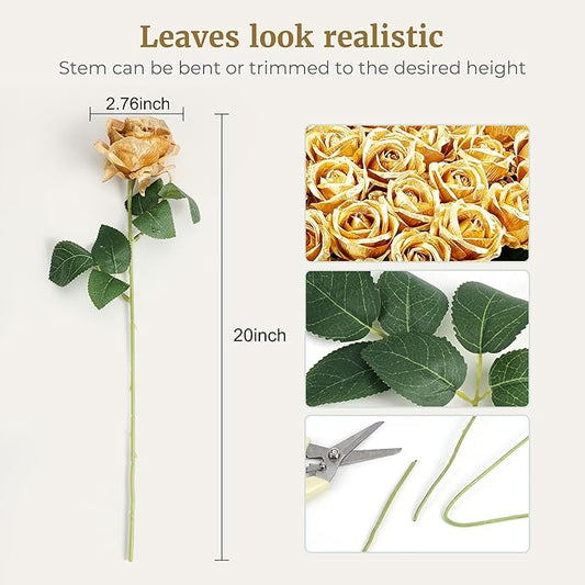 Auihiay 60PCS Gold Rose Artificial Flowers, Faux Silk Roses, Realistic Roses Bouquet for Anniversary, Baby Shower, Birthday, Graduation, Table Centerpieces, Cake Flower, Valentine's Day Decorations