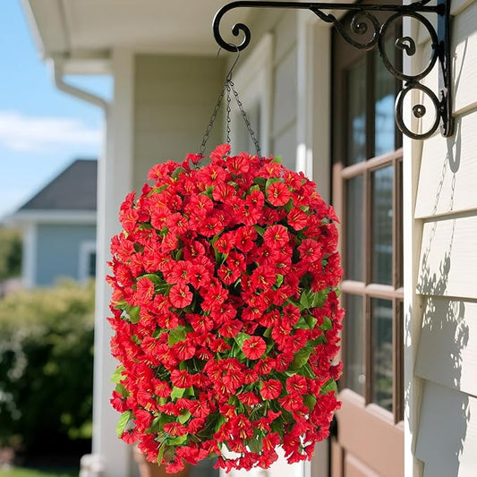 Artificial Faux Hanging Flowers Basket for Spring Summer Outdoor Outside Porch Decoration, Fake Silk Colorful Morning Glory Eucalyptus UV Resistant Look Real for Home Patio Balcony Yard(Red)