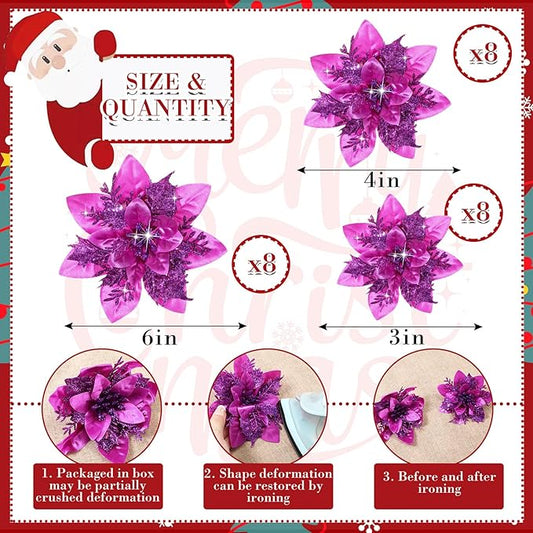 Geosar 24 Christmas Glitter Artificial Poinsettia Flowers Xmas Poinsettia Artificial Wedding Flowers Decorations Xmas Tree Ornaments with Clips for Party Favors, 6 Inch, 4 Inch, 3 Inch (Dark Purple)