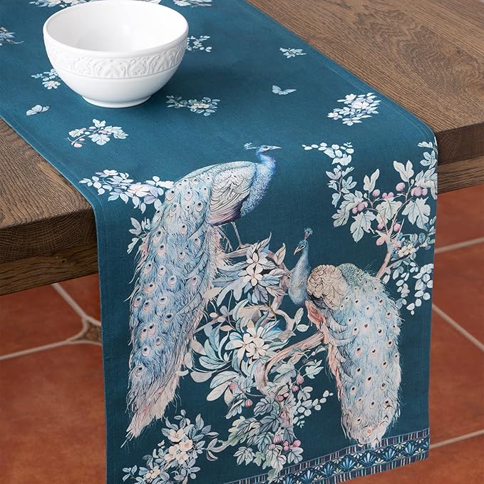 Maison d' Hermine Tablerunners 100% Combed Cotton Premium Table Runner Decorative Table Cover, Home, Kitchen & Camping, Peacock Utopia - Deep Sea, Double Layer - (14.5"x108")