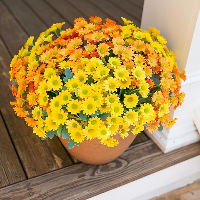 Daisy Artificial Flowers for Outdoors Spring Decoration, 6 Bundles Fake Mums Silk Flowers for Outside Look Real UV Resistant Fake Plants Faux Flowers for Planter Front Door Home Yard Indoor Porch, Mix