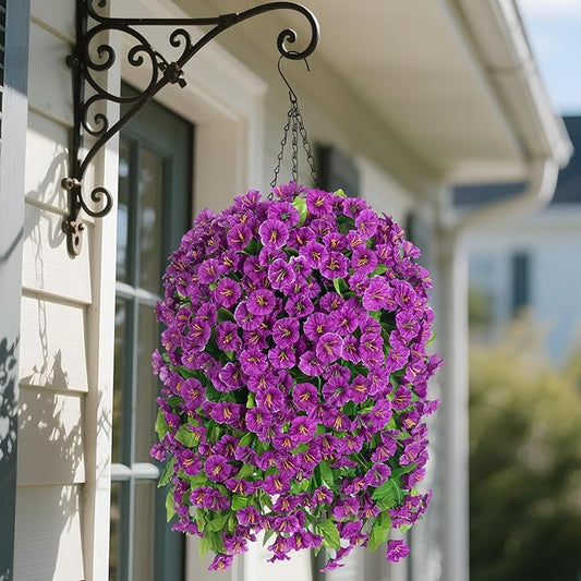 Artificial Faux Hanging Flowers Basket for Spring Summer Outdoor Porch Decor, Fake Silk Colorful Morning Glory Eucalyptus in Planter UV Resistant Look Real for Home Balcony Yard(Darkorchid)