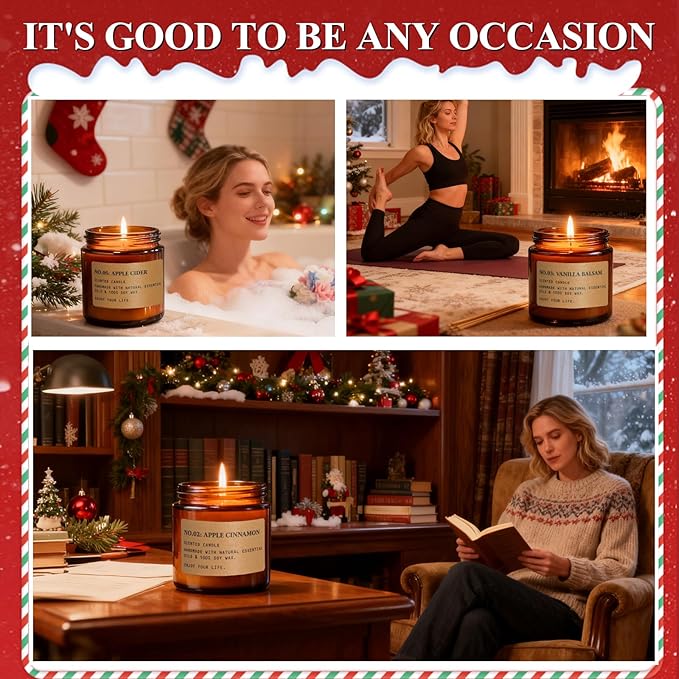 Christmas Candles for Home Scented, 6 x 3.5 oz Soy Wax & 150 Hours Long Lasting Fall Winter Candles Sets, Gifts for Women Birthday Thanksgiving Day Merry Christmas | Apple Cinnamon Pumpkin Spice|