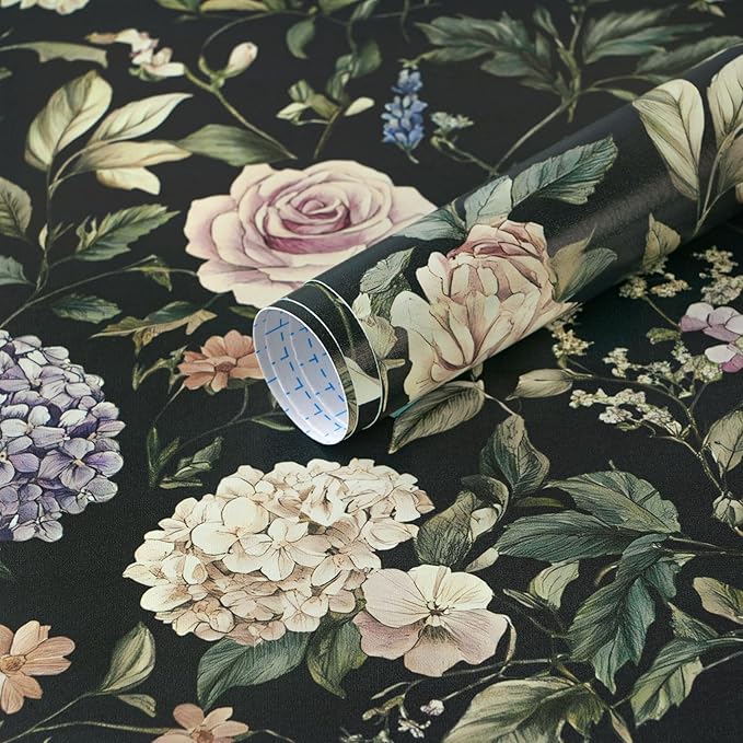 HeloHo Vintage Floral Peel and Stick Wallpaper Boho Contact Paper Dark Flower Self-Adhesive Removable Wallpaper Renter Friendly Botanical Wall Paper for Cabinets Bedroom Vinyl Rolls 17.3"x78.7"