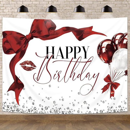 Burgundy Bow Backdrop 8Wx6H Photography Girls Coquette Happy Birthday Decorations Lips Diamond Balloons Background Women Bachelorette Party Decorations Banner Photo Booth Props Supplies