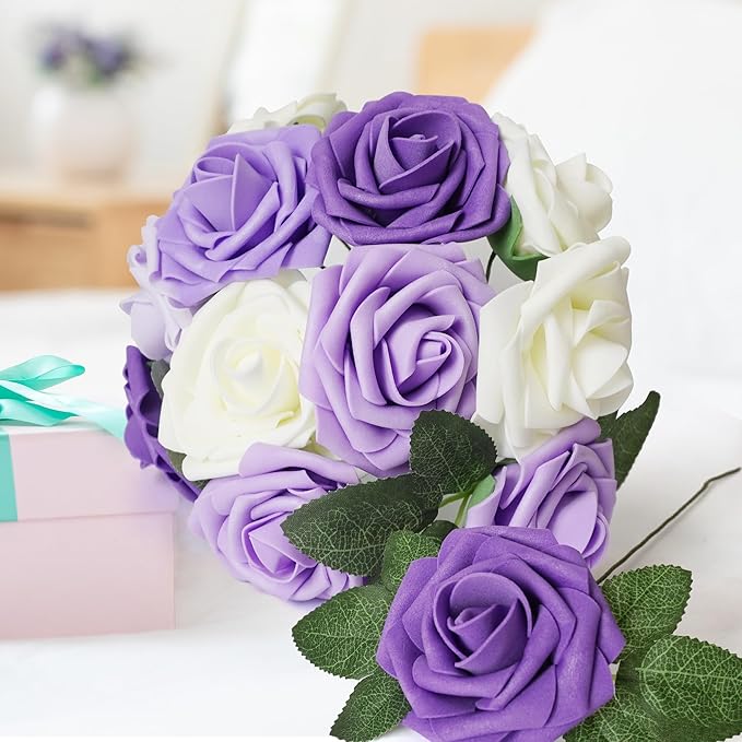 25pcs Artificial Flower Purple Foam Rose Real Touch Roses Flower Heads with Stem for DIY Wedding Bouquets Centerpieces Arrangements Party Baby Shower Home Decor (Shades of Purple Rose)