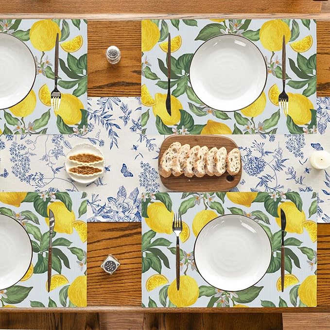 Tropical Lemon Placemats Set of 4, Placemats Dining Table Mat Set,12x18 Washable Stain Resistant Wipeable Cloth Placemat for Kitchen Buffet Parties