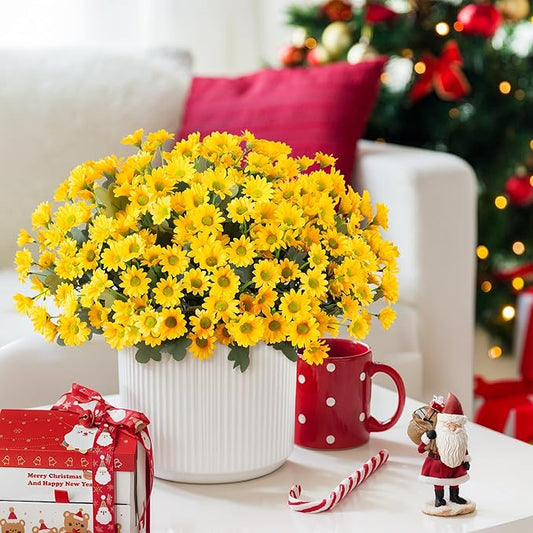 Daisy Artificial Flowers for Outdoors Fall Autumn Decoration, 6 Bundles Fake Mums Yellow Silk Flowers for Outside Look Real UV Resistant Faux Flowers Plants for Planter Front Door Home Indoor Porch