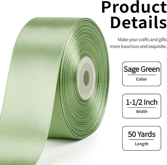 1-1/2 Inch Wide Sage Green Satin Ribbon, 50 Yards Solid Polyester Fabric Ribbon for Roses Making, Gift Wrapping, Christmas, Wedding Decorations, Crafts, Bows
