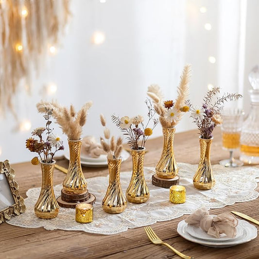 NUPTIO Glass Bud Vase Gold: 6 Pcs Small Flower Vases for Wedding Party Table Centrepiece - Vintage Ribbed Vase for Home Birthday Reception Decorations