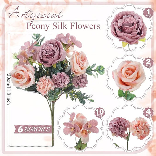 6 Pcs Artificial Peony Silk Florals Fake Mix Silk Peony Rose Faux Flower Hydrangea Bouquet Elegant Realistic Wedding Floral Centerpiece for Home Party Table Arrangement (Champagne with Purple)