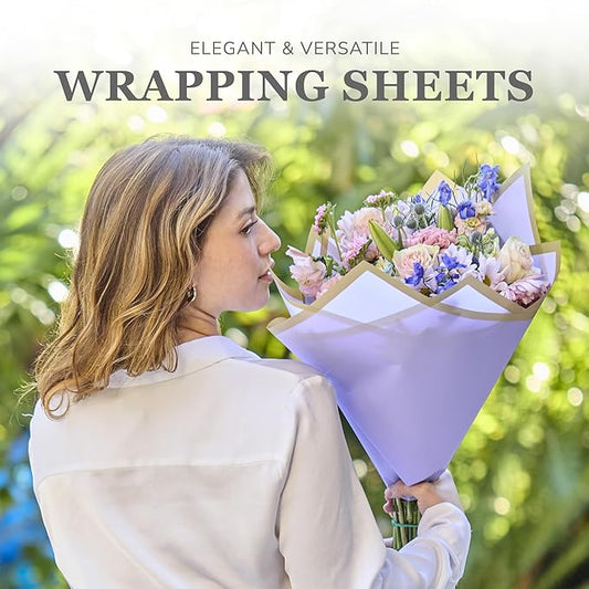 the florist Supply 20 Sheets Premium Flower Wrapping Paper | Waterproof Flower Wrapping Paper for Bouquets | Double Sided Floral Bouquet Sheets | DIY Gifts Borderline Lavender/Gold