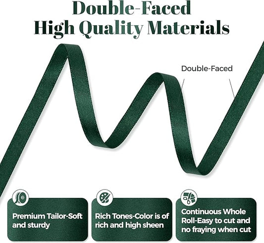 Hunter Green Satin Ribbon, Double Faced 1/4 Inch X 50 Yards Hunter Green Ribbon, Premium Satin Ribbon for Gift Wrapping, Crafts, Hair Bow Making, Sewing, Flower Bouquet, Wedding Party Decor