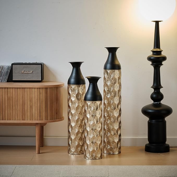Metal Floor Vases Decorative, Set of 3 Flower Arrangement Stand, Metal Decorative Vase Tall Distressed Metallic Centerpiece Vases with 3D Triangle Pattern, 33.8", 29", 24.8" H (Black1&Gold1)