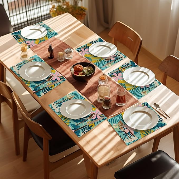 Tropical Leaves Placemats Set of 6,Washable Heat Resistant 12×18 Inch Linen Table Mats Summer Place Mats for Party Outdoor Dining Décor
