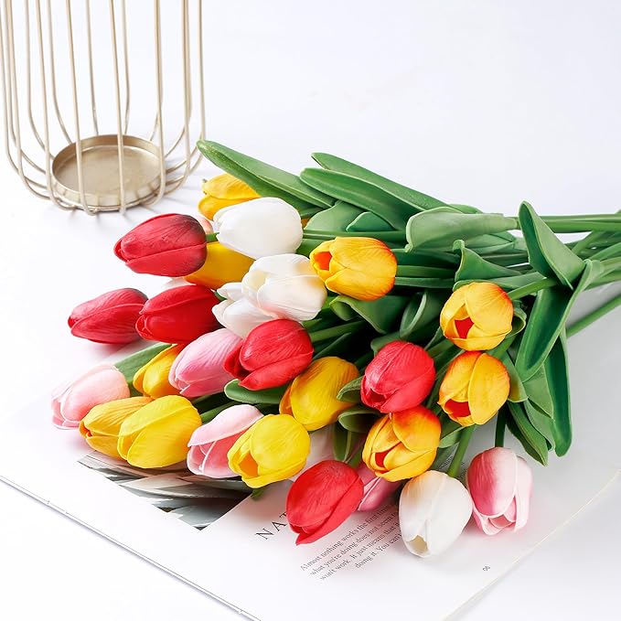 Sggvecsy 15 Pcs Fake Tulips Artificial Flowers Real Touch PU Faux Flowers Tulip Stems for Wedding Spring Bouquet Floral Arrangement Home Party Office Decorations for Mother's Day (Multi Colors)