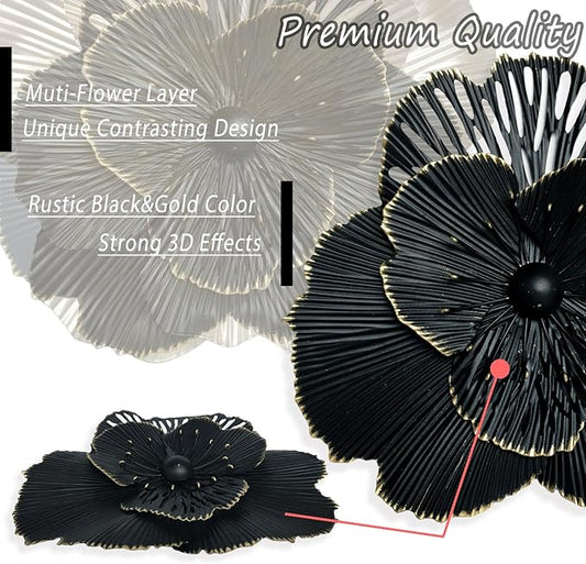 10" Metal Flower Wall Art Decor, Rustic Modern Floral Sculpture, Distressed Iron Wall Hanging Home Decoration Accent Artworks for Indoor Kitchen Bedroom Living Office Outdoor Garden Patio (36C-Black)