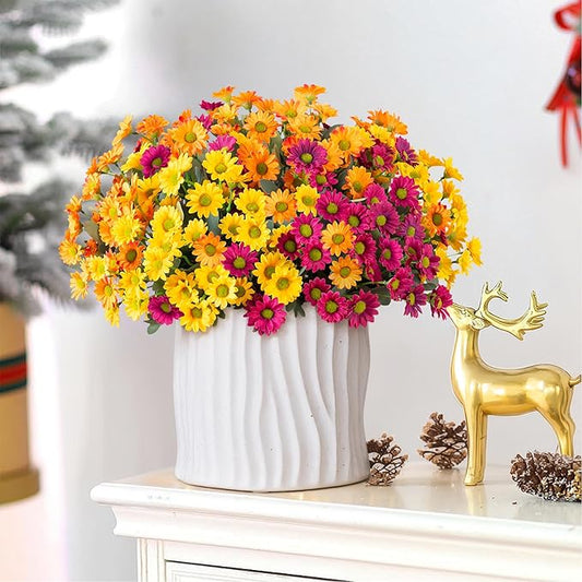 Daisy Artificial Flowers for Outdoors Fall Autumn Decoration, 6 Bundles Fake Mums Silk Flowers for Outside Look Real UV Resistant Fake Plants Faux Flowers for Planter Front Door Home Indoor Porch, Mix