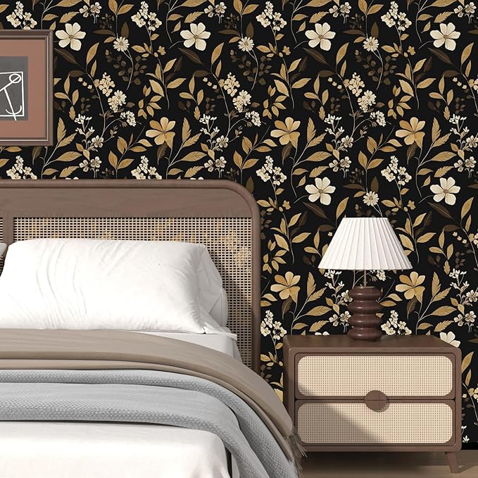 Black Floral Wallpaper Peel and Stick Gold Leaf Contact Paper 17.4" x 118" Boho Wallpaper Waterproof Self Adhesive Wall Covering for Bedroom Countertop Desk Cabinets Decor