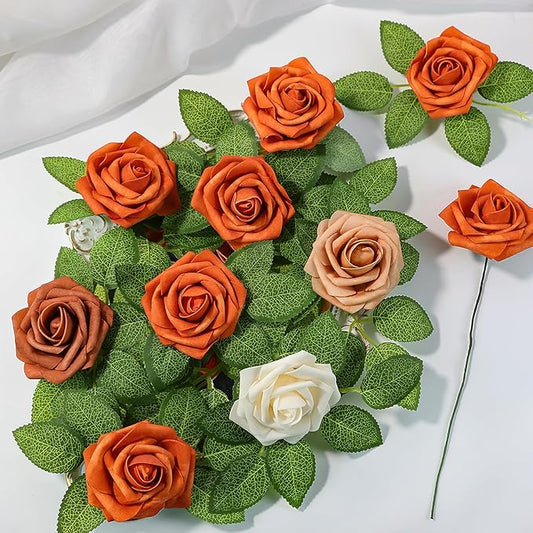 Meldel Artificial Flower 25pcs Real Looking Orange Fake Foam Roses with Stems for DIY Wedding Bouquets Gifts Bridal Shower Crafts Faux Floral Centerpieces Arrangements Home Party Tables Decorations