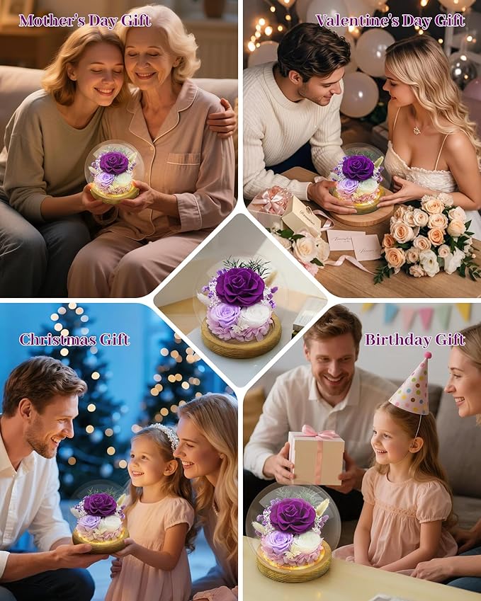 Birthday Gifts for Mom Forever Flowers for Delivery Prime Preserved Rose in Glass Dome Long-Lasting Eternal Rose Gifts for Her Women Grandma Wife on Christmas Anniversary Purple Flowers