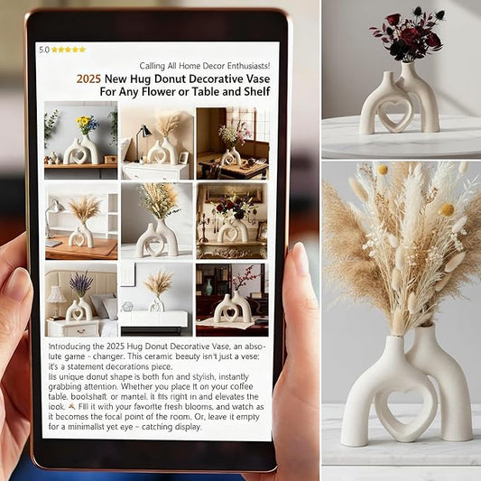 Snuggle Hollow Hug Donut Ceramic Vase, 8.3 Inch Modern Nordic Boho Style Aesthetic Decorative Flower Vases for Home Decor Pottery Barn Dining Living Room Table Shelf (Milky White)