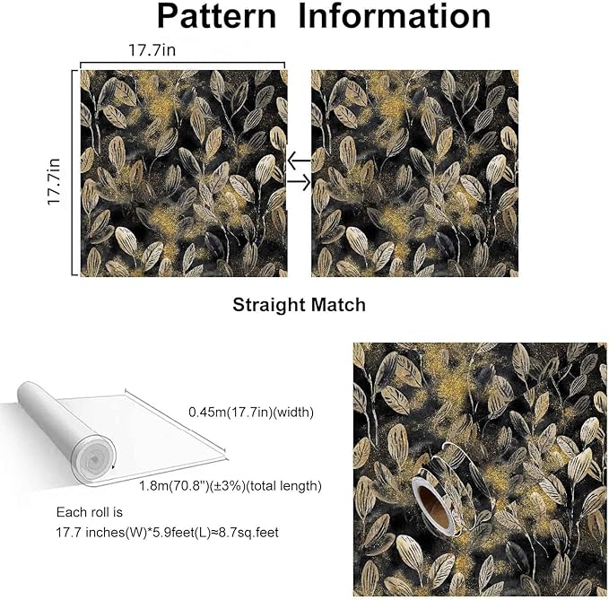 Modern Black and Gold Floral Leaf Peel and Stick Wallpaper Removable Dark Art Deco Self Adhesive Vinyl Contact Wall Paper for Bathroom Renter Friendly Wallpaper 17.7" X 70.8"