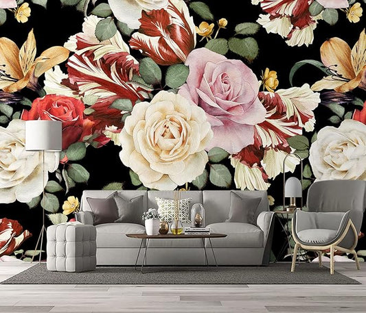 Black Rose Floral Wallpaper Botanical Flowers Leaf Bedroom murals Aesthetic Room Decor Living Room tv Background Large Wall Mural - 160"x108" Not Peel and Stick