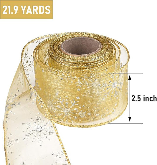 2.5 Inch Wide Christmas Wired Ribbon Snowflake Organza Sheer Glitter Ribbon for Xmas Tree, Wreath, Party Decoration, Gift Wrapping (Golden, 21.9 Yards)