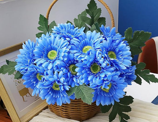 IPOPU 2 Bundles Artificial Gerbera Daisy Flowers 14 Heads Blue Fake Daisy with Stems Faux Silk Daisy Flowers for Wedding Bridal Bouquet Party Floral Arrangements Table Centerpiece Decor (Blue)