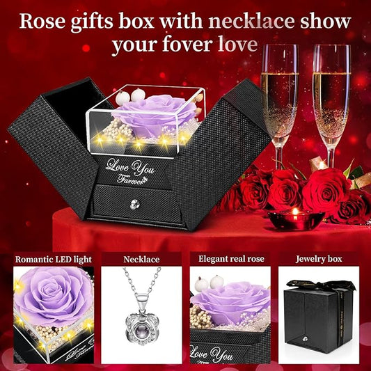 Preserved Light Purple Real Rose with Heart I Love You Necklace -Eternal Flowers Rose Birthday Gifts for Women Her Mom Wife Girlfriend Grandma on Valentines Mothers Day Christmas Anniversary