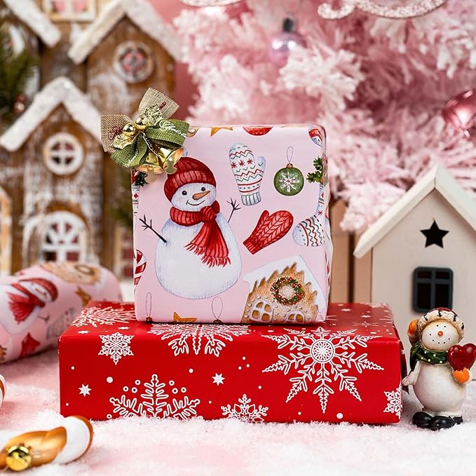 MAYPLUSS Christmas Wrapping Paper Roll - 17 Inch X 33 Feet - Cute Snowman Christmas Hat Gloves Reversible Snowflake Gift Wrapping Paper, Thick Wrap Paper for Holiday Party New Year Kids