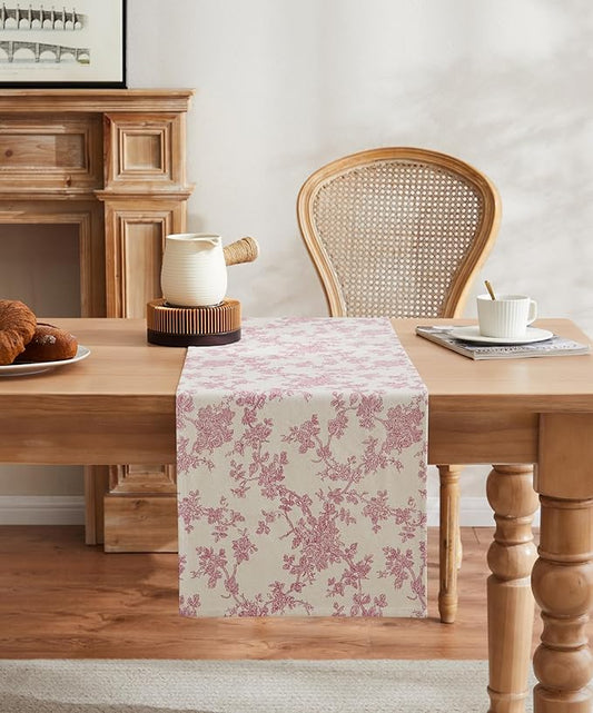 100% Cotton French Pastoral Table Runners, 13x36 Inch Pink Farmhouse Table Runners 36 Inches Long, Vintage Flowers Print Home Decors