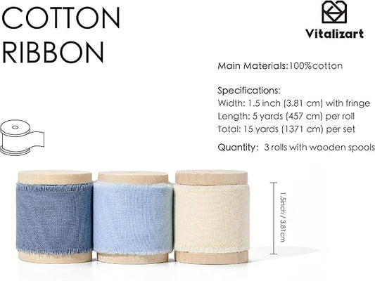 Vitalizart 100% Cotton Ribbon 1-1/2" x 15 Yd Blue & White Handmade Frayed Fringe Fabric Ribbons for Gift Wrapping Wedding Invites Bridal Shower Bouquets Christmas Decorations