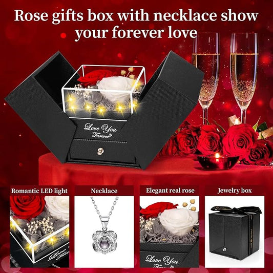 2 Preserved Real Rose with Heart I Love You Necklace- Eternal Rose Birthday Gifts for Women Wife Girlfriend Her Mom Grandma on Festivals Gifts Christmas Valentines Mothers Day Anniversary-Red White