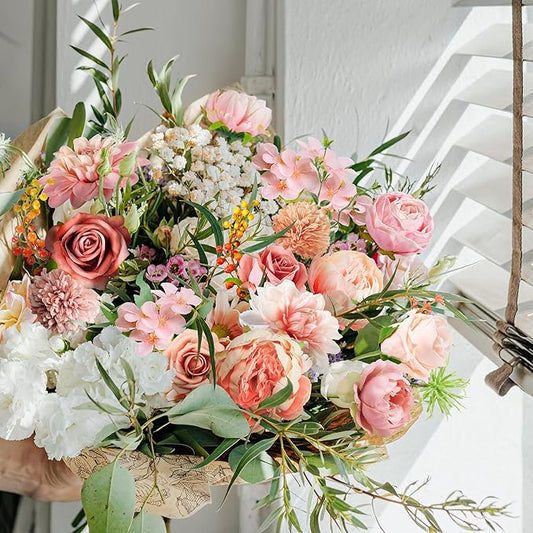 Artificial Flowers Combo Box, Fake Silk Foam Flower Mix with Wire Stem, DIY Wedding Bridal Bouquet Shower Party Home Décor (30-40 Pieces) (Pink)