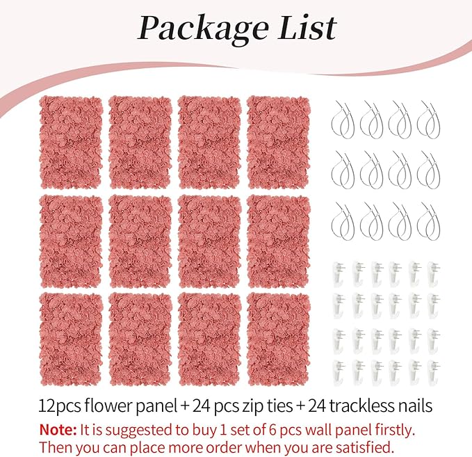 BLOSMON Flower Wall Panel Backdrop Decor: 12 Pcs 24 x 16 inches Dusty Pink Artificial Floral Backdrop for Wedding Party Baby Bridal Shower - Fake Silk Hydrangea Wall Decoration