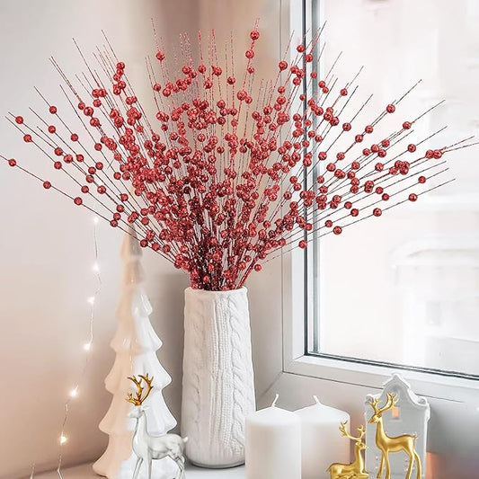 Artificial Glitter Berry Stems Decorations 17 Inch, Fake Berries Bead Sticks Pick for Halloween Christmas Ornaments Berries Stem Xmas Tree Picks Wreath Vase Filler Home DIY Decor - Red 10 Pack