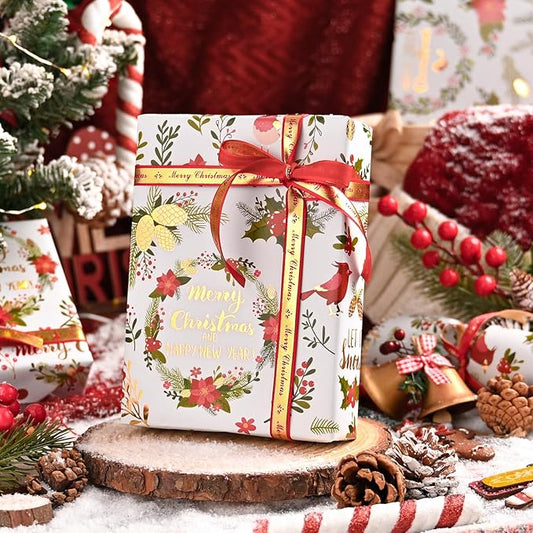 MAYPLUSS Christmas Wreath Wrapping Paper - 17Inch X 33Feet - Beautiful Holiday Wreaths, Vintage Holly Berry & Red Flower Festive Christmas Design Holiday Gift Wrap Paper for Winter Birthday, Wedding