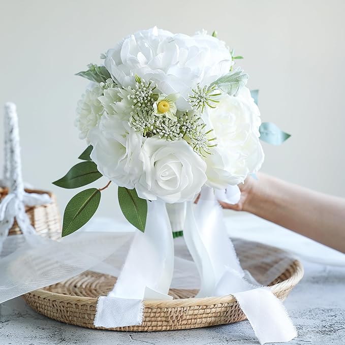 ponatia White Wedding Bouquets for Bride Bridesmaid, Wedding Artificial Roses Flowers for Wedding Bouquets Ceremony, Anniversary (White & Ivory)