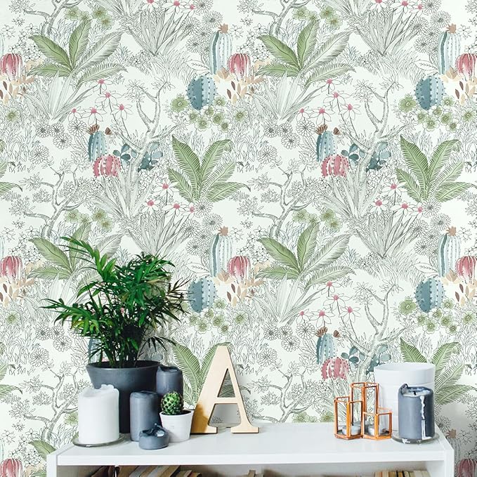 Wudnaye Boho Peel and Stick Wallpaper Catus Wallpaper 17.7" x 590.4"Vintage Floral Wallpapers Peel and Stick Botanical Removable Wall Paper Boho Self Adhesive Contact Paper for Bathroom Cabinets