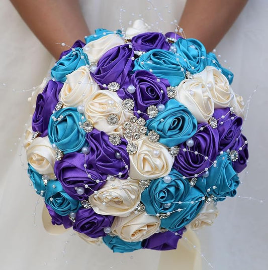 Bridal Wedding Bouquet Round Bling Brooch Bouquet Throw Toss Artificial Rose Flower Bunch for Bride Bridesmaid Wedding Quinceanera(Teal Blue, Purple & Cream, 7.5")