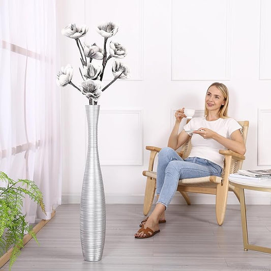 Leewadee Decorative Tall Floor Vase for Living Room Decor, 34 inches, Silver, Resin