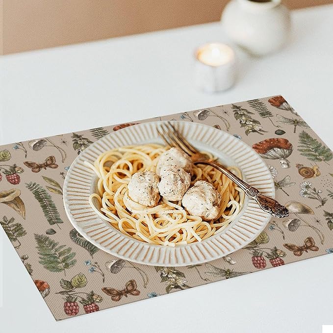 Mushroom Placemats Set of 4,Vintage Gothic Mushroom Fern Kitchen Place Mats Linen 12x18 Inch,Brown 4 PCS, Style-6