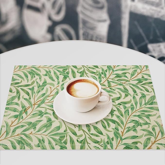 William Morris Vintage Botanical Placemats Set of 6, Retro Leaves Boho Plant Place Mats, Heat Resistant Non Slip Cotton Linen Dining Table Mats for Home Kitchen Party 18x12 Inch