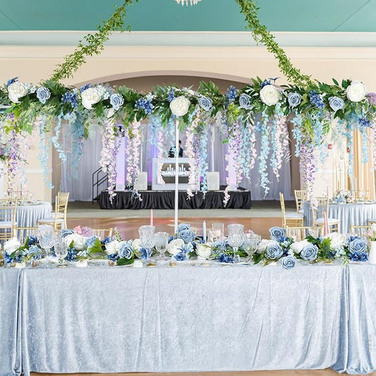 2 Pack Artificial Peony Flower Garland - 6ft Silk Peony Garland Flower Vine Blue and White Peony Silk Roses Flowers for Wedding Arch Party Table Decor (2, Blue)