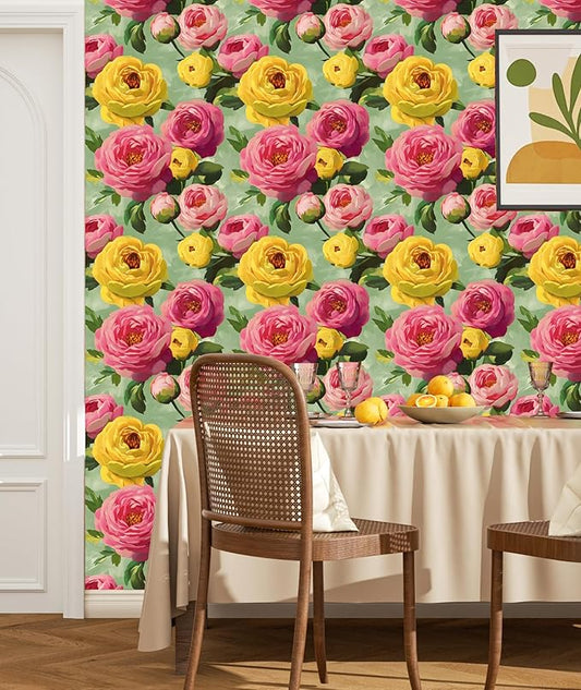 Colorful Floral Wallpaper Stick and Peel Vibrant Wall Paper Modern Boho Flowers Contact Paper for Bedroom Bathroom Yellow Pink Green Removable Renter Friendly 17.5 x 118In