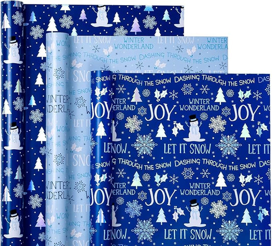 WRAPAHOLIC Christmas Wrapping Paper Roll - Mini Roll - 3 Rolls - 17 Inch x 120 Inch Per Roll - Blue and White Winter Wondland, Snowflake, Snowman Holiday Collection with Metallic Foil Shine